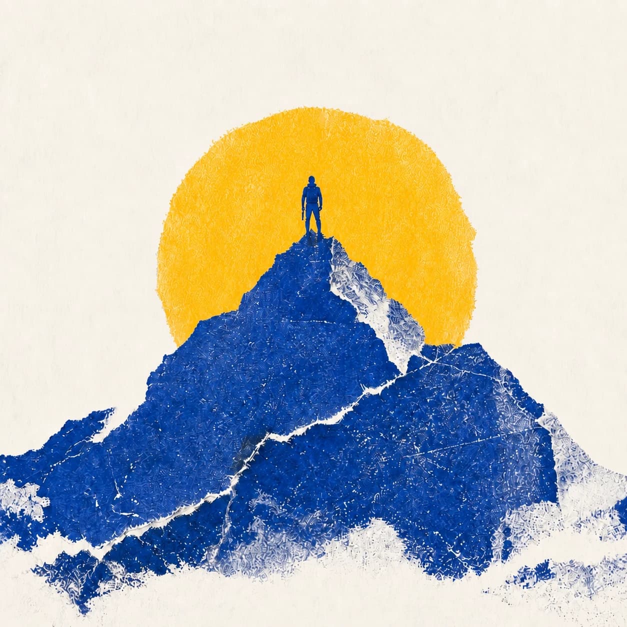 A person standing at the summit of a blue mountain