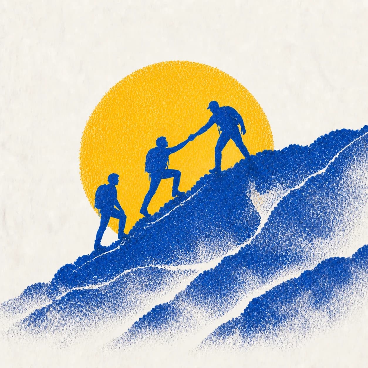 Three people helping one another move up a mountain trail